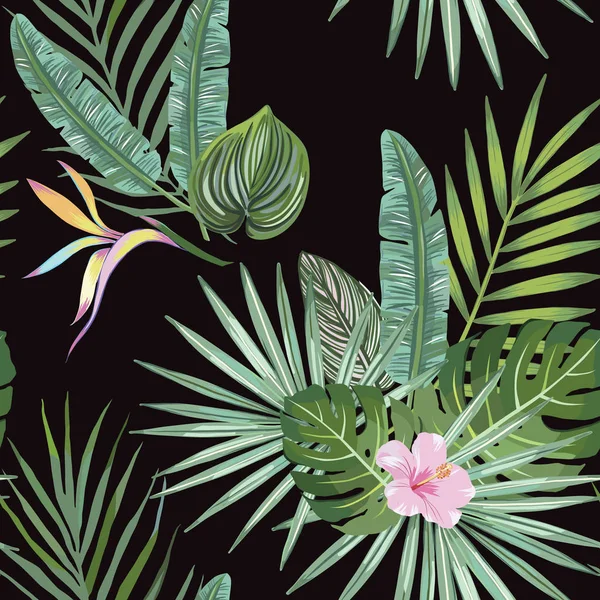 Tropische naadloze patroon met Monstera, banaan bladeren en Hibiscus op zwarte achtergrond. — Stockvector