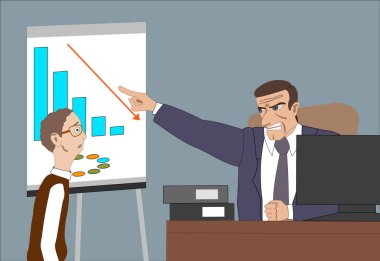 Öfkeli patron çalışan ile. Yönetmen endişeler hakkında kötü sonuç ve ve diyagramı, flipchart ofiste noktada. Bilgisayar ile çalışma alanı. Resepsiyon, bitkiler, lamba, sandalye, yazıcı backgriund için. Vektör çizim