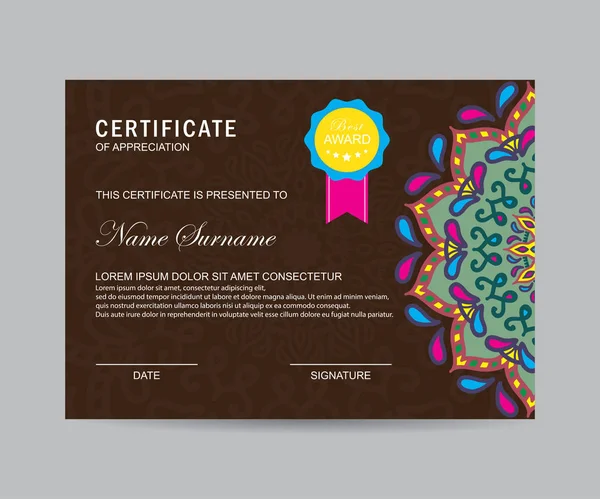 Modèle Certificat Moderne Avec Mandala — Image vectorielle