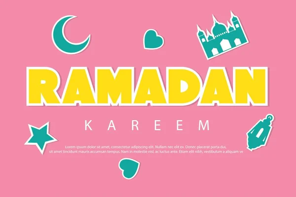 Ramadã kareem saudação fundo com stickers.Crescent lua, mesquita, estrela, lanterna e amor — Vetor de Stock