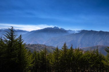 Harika manzara, köy manzarası, yeşil ağaçlar, beyaz dağlar ve mavi gökyüzü