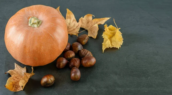 Fondo Oscuro Halloween Con Calabaza Grande Hojas Secas Castañas Vista — Foto de Stock