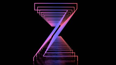 Neon İngiliz Alfabesi. Yansımalı siyah arkaplanda Neon Tüneller. 3d illüstrasyon.