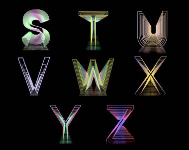 Neon İngiliz Alfabesi. Yansımalı siyah arkaplanda Neon Tüneller. 3d illüstrasyon.