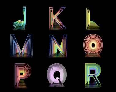 Neon İngiliz Alfabesi. Yansımalı siyah arkaplanda Neon Tüneller. 3d illüstrasyon.