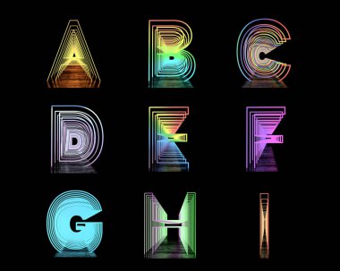 Neon İngiliz Alfabesi. Yansımalı siyah arkaplanda Neon Tüneller. 3d illüstrasyon.