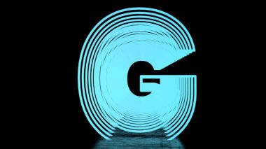 Neon İngiliz Alfabesi. Yansımalı siyah arkaplanda Neon Tüneller. 3d illüstrasyon.
