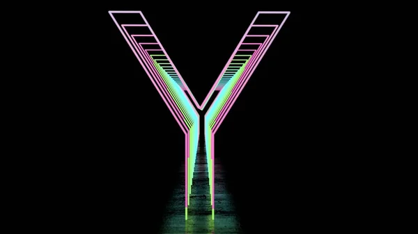 Neon İngiliz Alfabesi. Yansımalı siyah arkaplanda Neon Tüneller. 3d illüstrasyon.