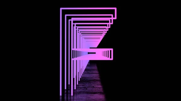Neon Englisch Alphabet Neon Tunnel Auf Schwarzem Hintergrund Mit Reflexion — Stockfoto