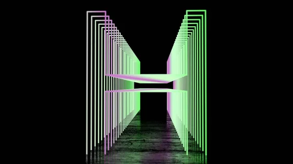 Neon İngiliz Alfabesi. Yansımalı siyah arkaplanda Neon Tüneller. 3d illüstrasyon.