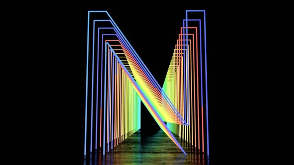 Alfabeto Inglês Neon Túneis Néon Sobre Fundo Preto Com Reflexão — Fotografia de Stock