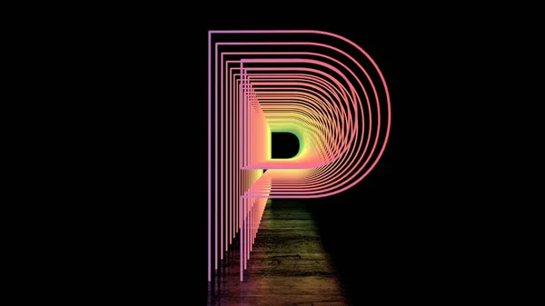 纽英式字母 尼翁隧道的黑色背景与反光 3D说明 — 图库照片
