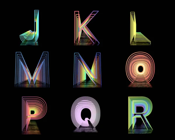 Alfabeto Inglese Neon Tunnel Neon Sfondo Nero Con Riflessione Illustrazione — Foto Stock