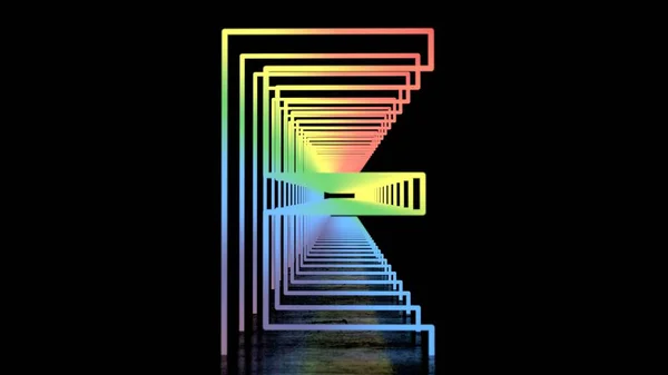 Alfabeto Inglese Neon Tunnel Neon Sfondo Nero Con Riflessione Illustrazione — Foto Stock