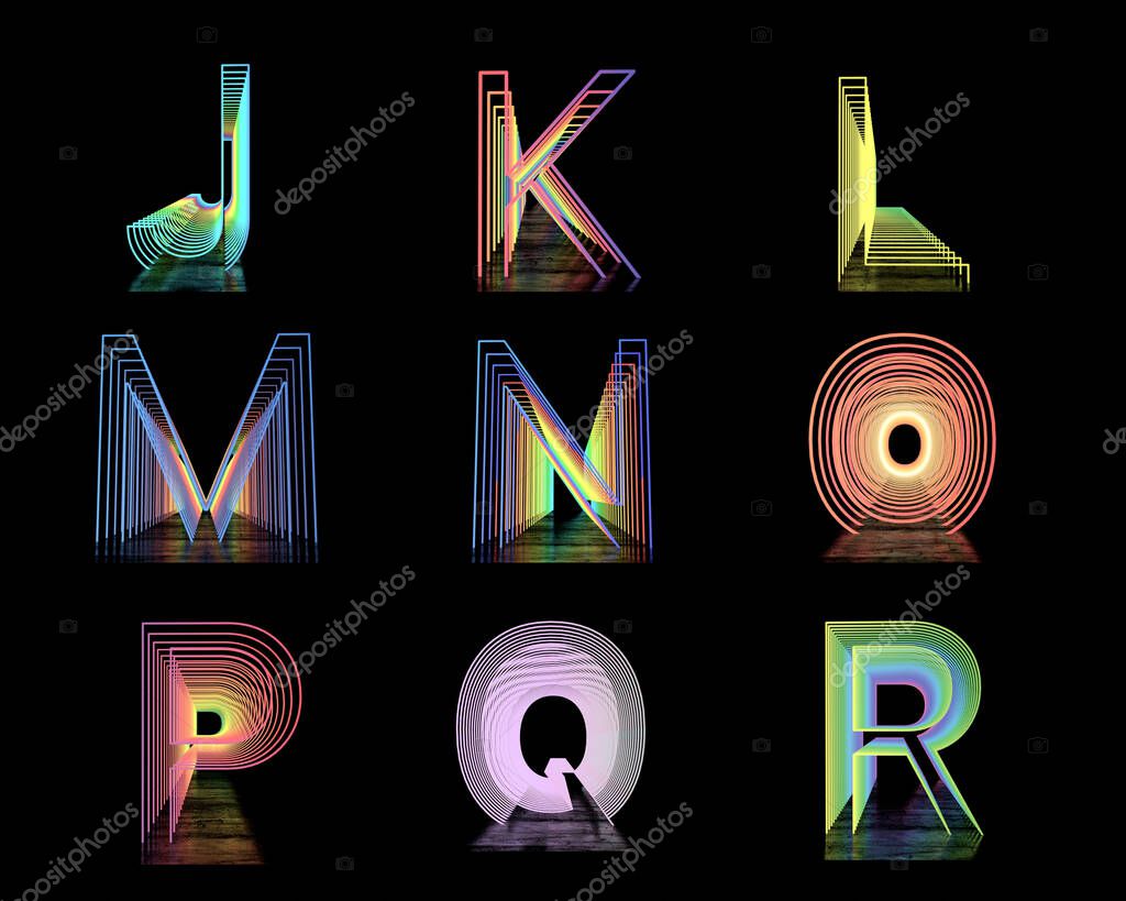 Neon English Alphabet. Neon Tunnels on a black background with Reflection. 3d illustration.