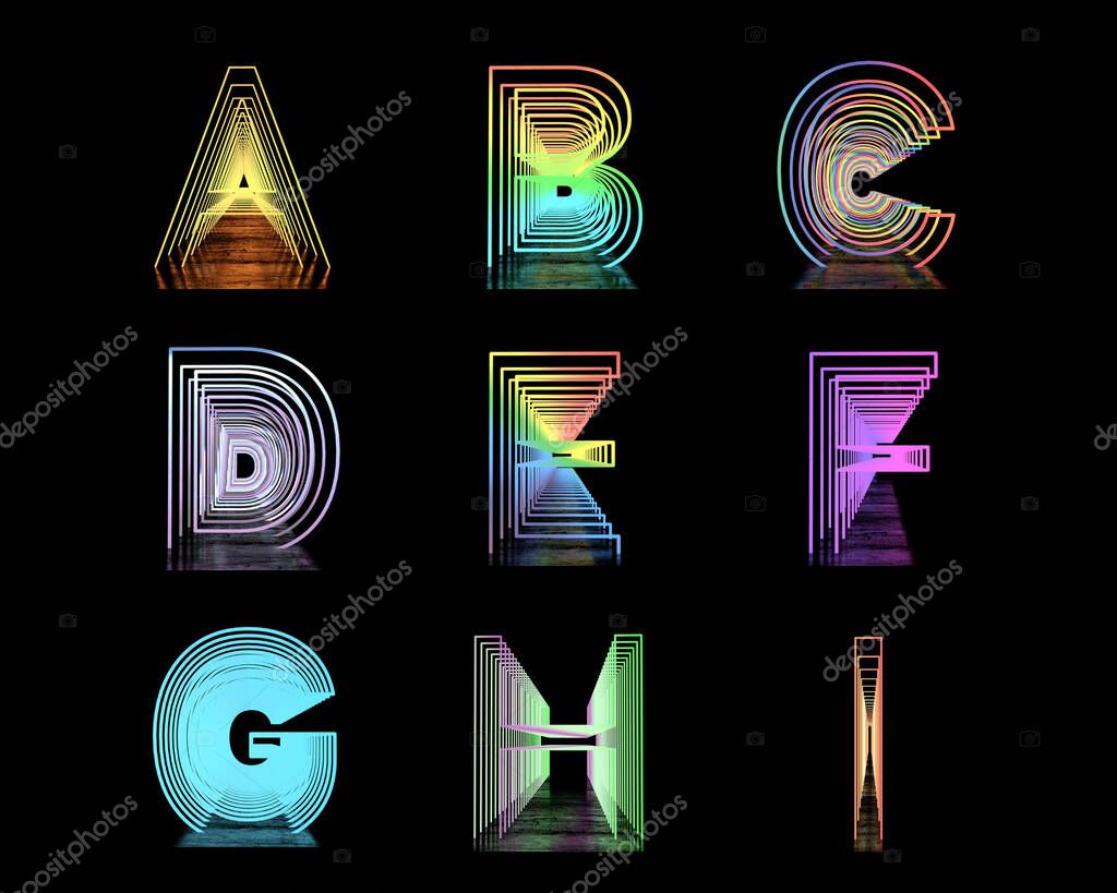 Neon English Alphabet. Neon Tunnels on a black background with Reflection. 3d illustration.