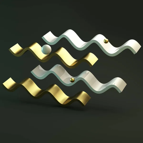 Soyut Kompozisyon. Yeşil Arkaplanda Altın İlkel Geometrik Şekiller. Çerçeveyi çevir. Grafik elementler. Bu bir 3d Illustration.