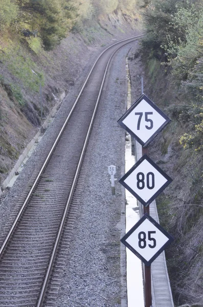Schild Auf Einem Bahngleis — Stockfoto
