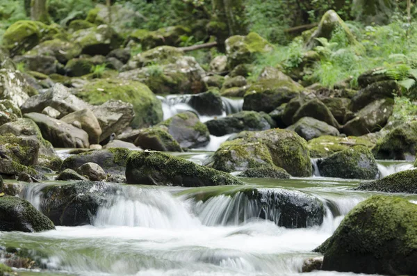 山の川に小さな滝の詳細 ロイヤリティフリーのストック画像
