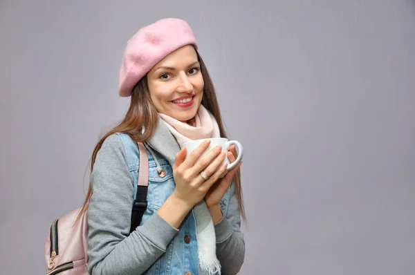 Young Beautiful Woman Backpack Pink Beret Holds Cup Her Hands — Stock Photo, Image