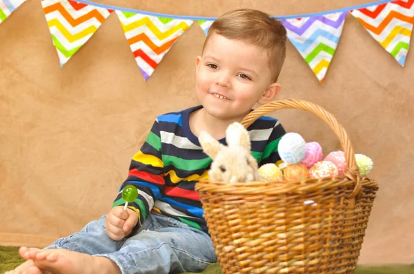 Little Cute Boy Bright Striped Raglan Sits Basket Which Easter — Stock Photo, Image