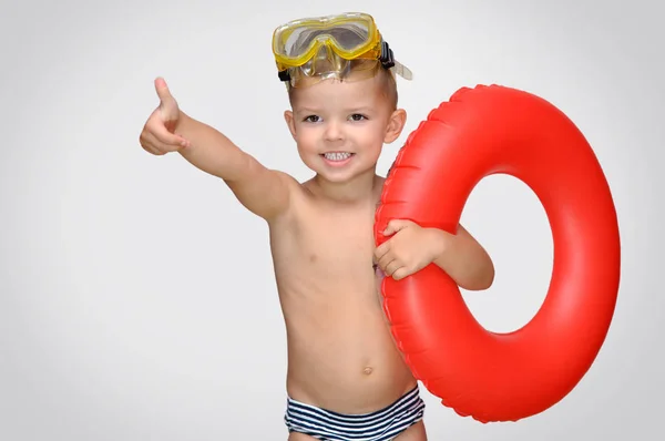Cute Little Boy Striped Swimming Trunks Red Inflatable Ring Snorkeling — Stock Photo, Image