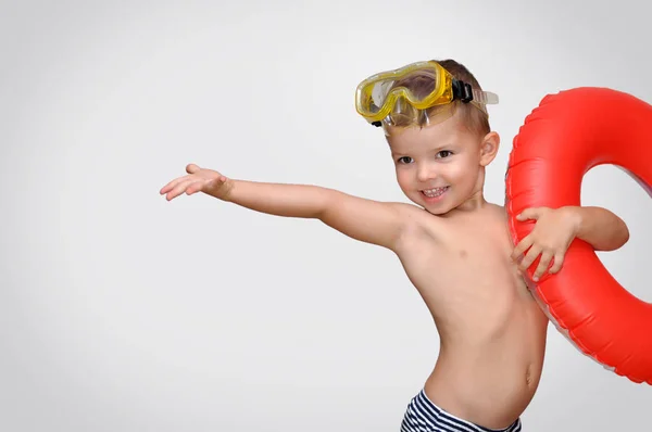 Cute Little Boy Striped Swimming Trunks Red Inflatable Ring Glasses — Stock Photo, Image