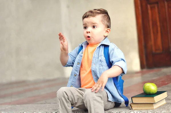 Een Verraste Weinig Driejarige Peuter Met Een Rugzak Zijn Rug — Stockfoto