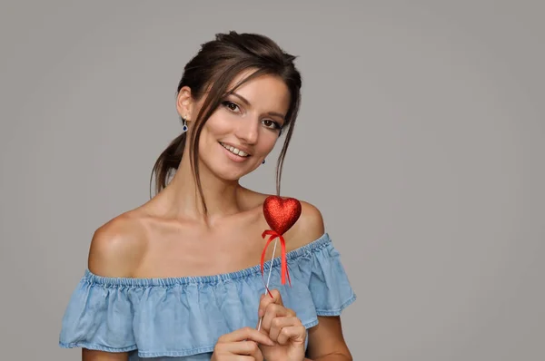 Beautiful Young Woman Professional Make Bare Shoulders Blue Top Ruffles — Stock Photo, Image