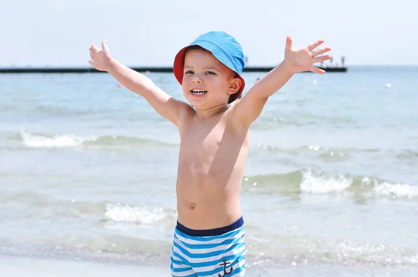 Cute Boy Blue Panama Beach Raised His Hands Sky — Stock Photo, Image