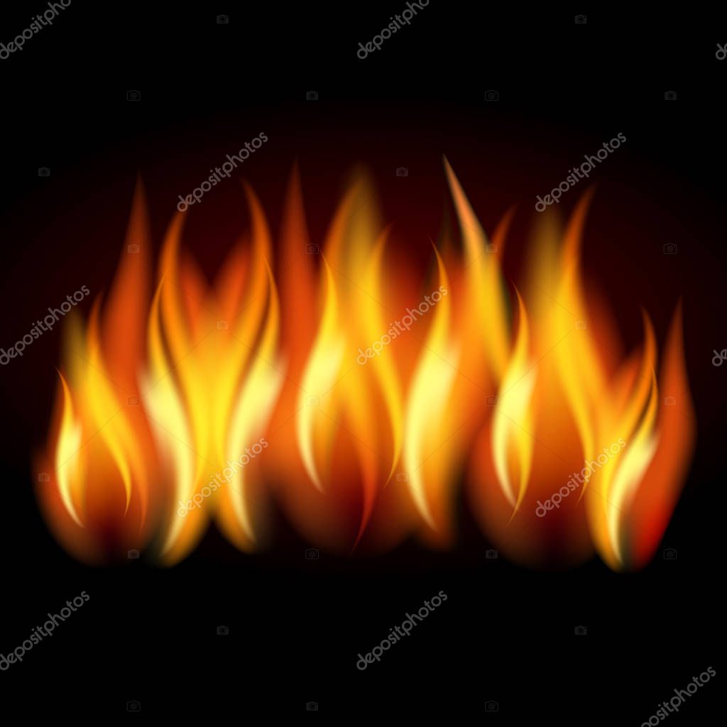 Realistic flame, fire on black background - stock vector