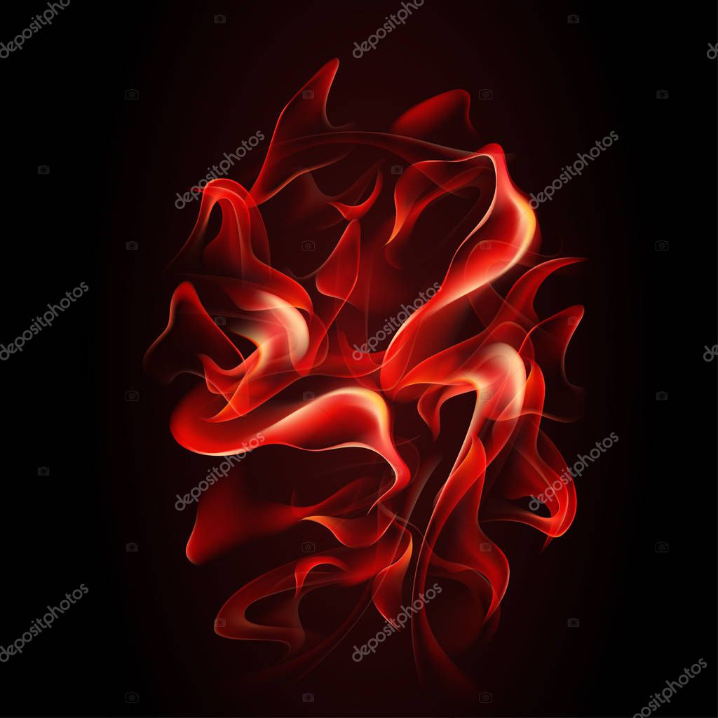 Realistic flame, fire on black background - stock vector