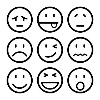 Dokuz smilies, set gülen duygu, ifadeler tarafından ifadeler - hisse senedi vektör karikatür