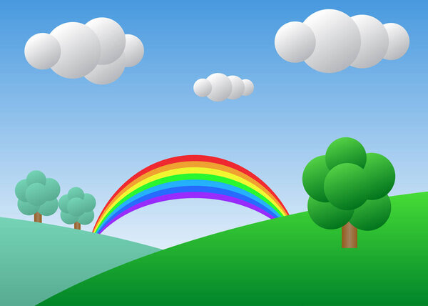 Field with tree and rainbow. Sunny day with blue sky  stock vector