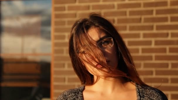 Zwolnionym tempie portret kobiety biznesu w okularach, poprawianie, fruwające we włosach wiatr na tle krajobrazu miejskiego. — Wideo stockowe
