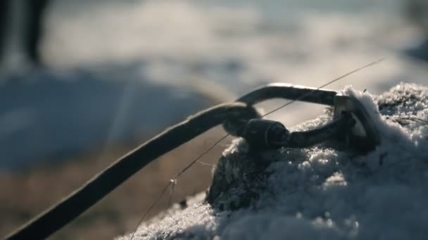 La corde d'escalade glisse dans un mousqueton. Assurance grimpeurs gros plan . — Video