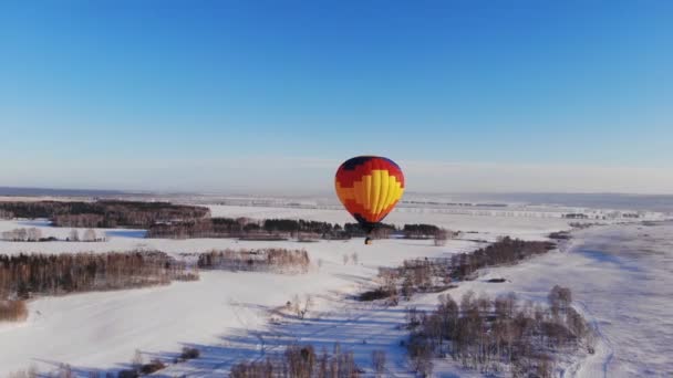 Antenn skott människor flyga på en stora ljusa ballong över vintern skogen. — Stockvideo