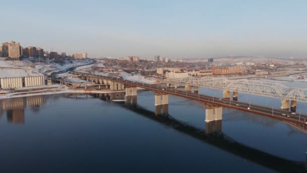Krasnoyarsk, Russia - 20 Jan, 2019: Aerial view of in a winter cityscape. — Stock Video