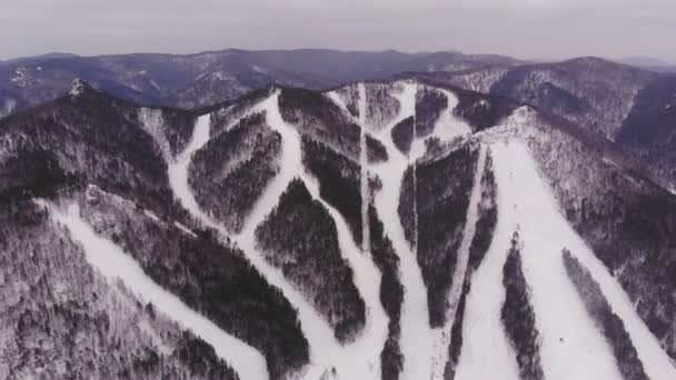 Vanuit de lucht uitzicht op skigebied in de bergen. — Stockvideo