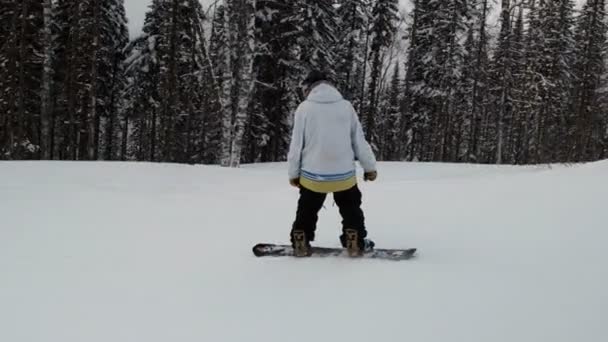 Movimiento lento de un snowboarder macho cabalgando por el bosque . — Vídeos de Stock