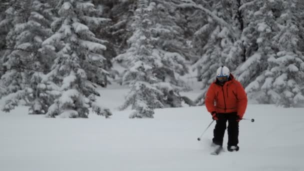 Sheregesh, Rusya - 07 Mart 2019: Dağdan kayak yapan bir adamın yavaş hareketi. — Stok video