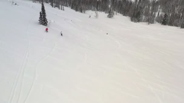 Légi kilátás egy síelő és snowboardos lovaglás egy havas lejtőn. — Stock videók