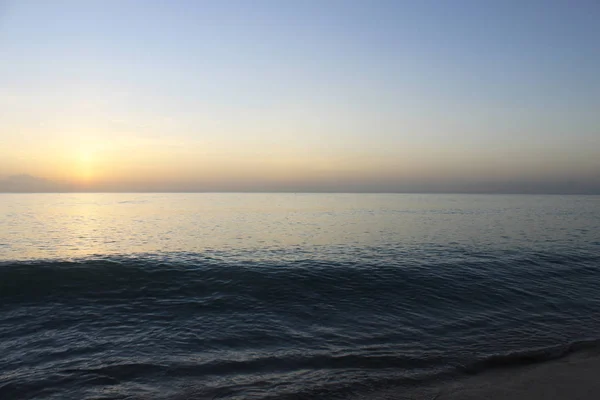 Koyu mavi okyanus ve Barbados adasında sarı günbatımı