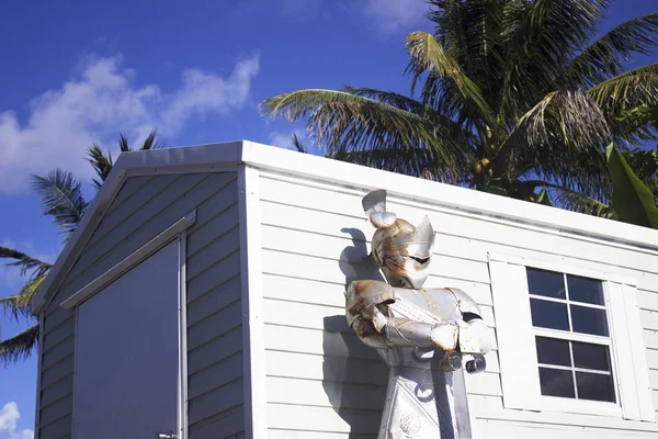 House or shed with knight in foreground and sky and coconut tree in the background
