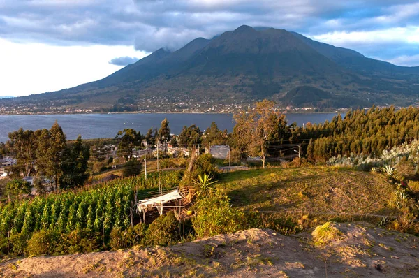 Lago San Pablo Vulcão Imbabura Campos Circundantes Pôr Sol Equador — Fotografia de Stock