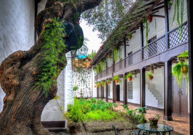 Cuenca, Ekvador, Güney Amerika 'da ağaçlı, bahçeli ve teraslı eski bir koloni evinin iç avlusu.