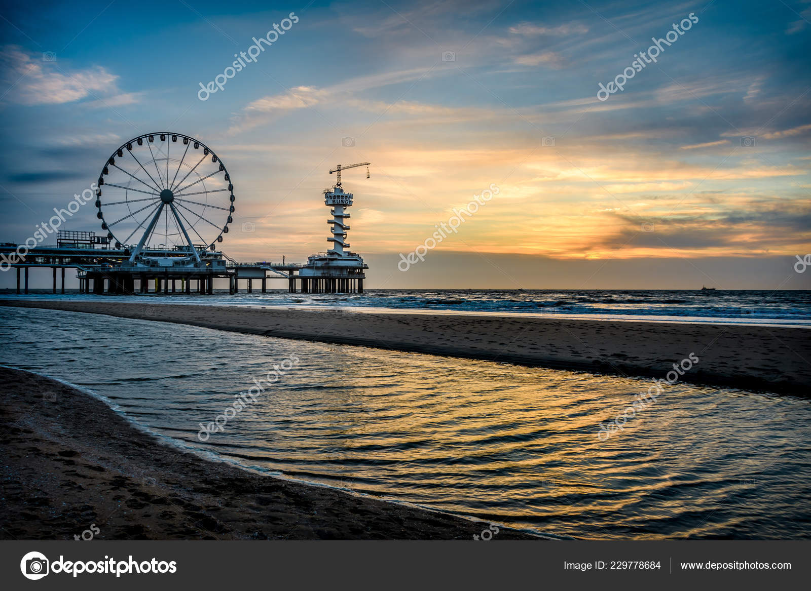 Beautiful Sunset Beach Scheveningen Netherlands Famous Pier