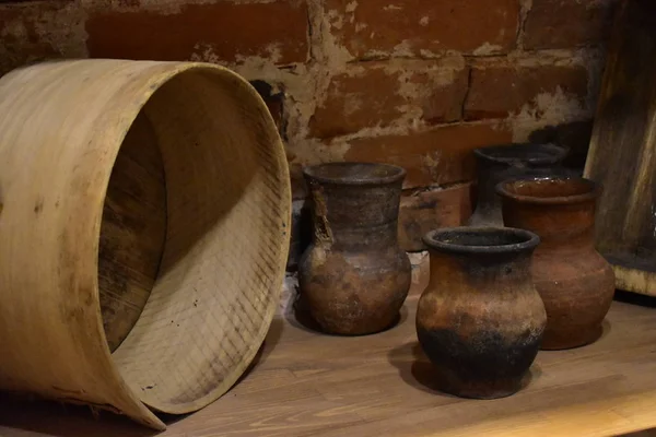 Still Life Jugs Sieve — Stock Photo, Image