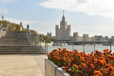 Nehir ve çiçeklerle Moskova şehri
