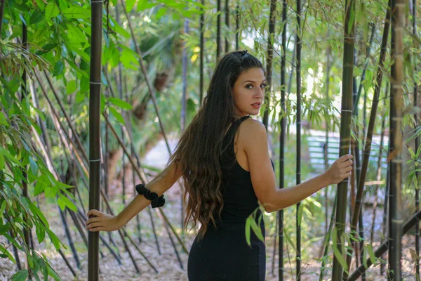 Retrato de una joven belleza relajándose cerca de la planta de bambú de la suerte — Foto de Stock